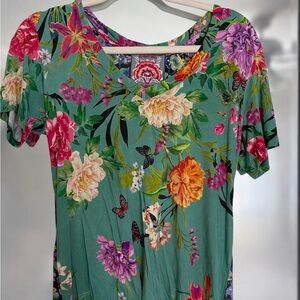 Johnny Was Teal Floral Scoop Neck Short Sleeve Top